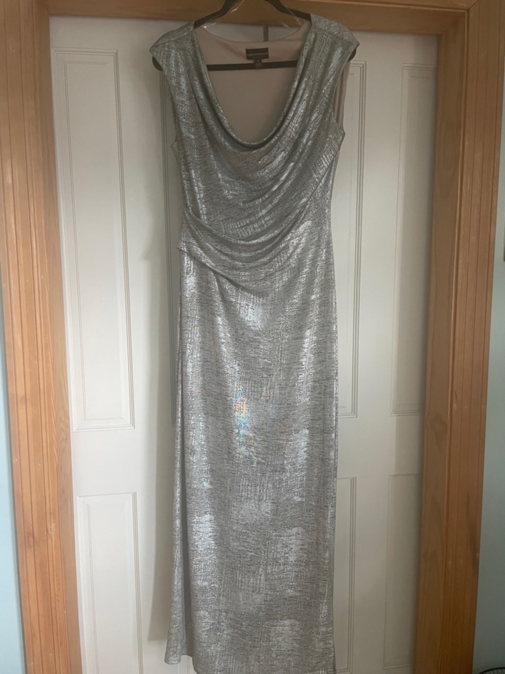 connected apparel Silver Metallic Cowl-Neck Maxi Dress